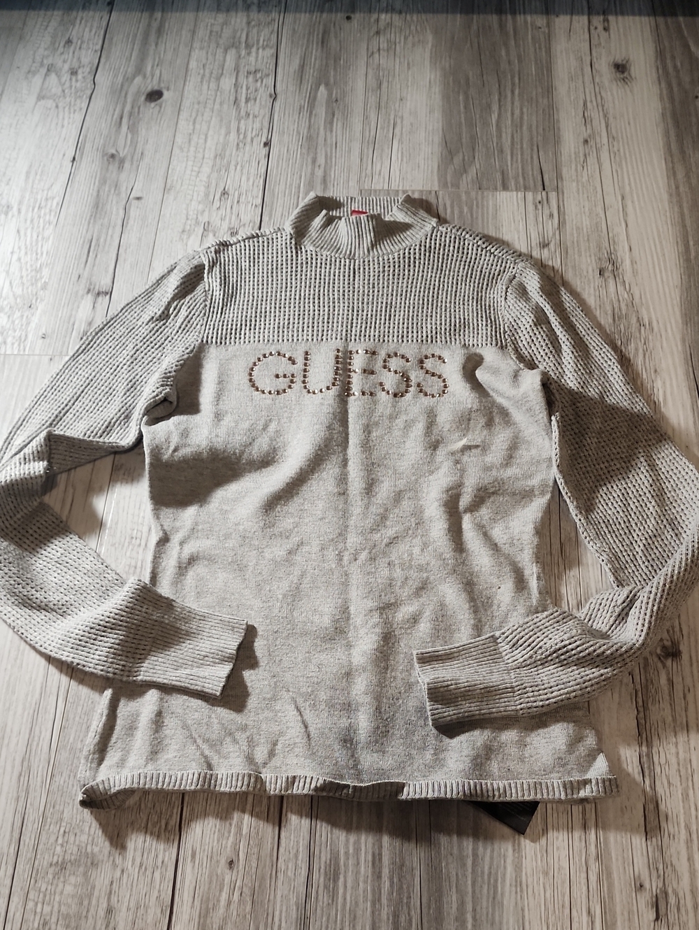 GUESS Women's Light Beige Long Sleeve Sweater with Studded Logo